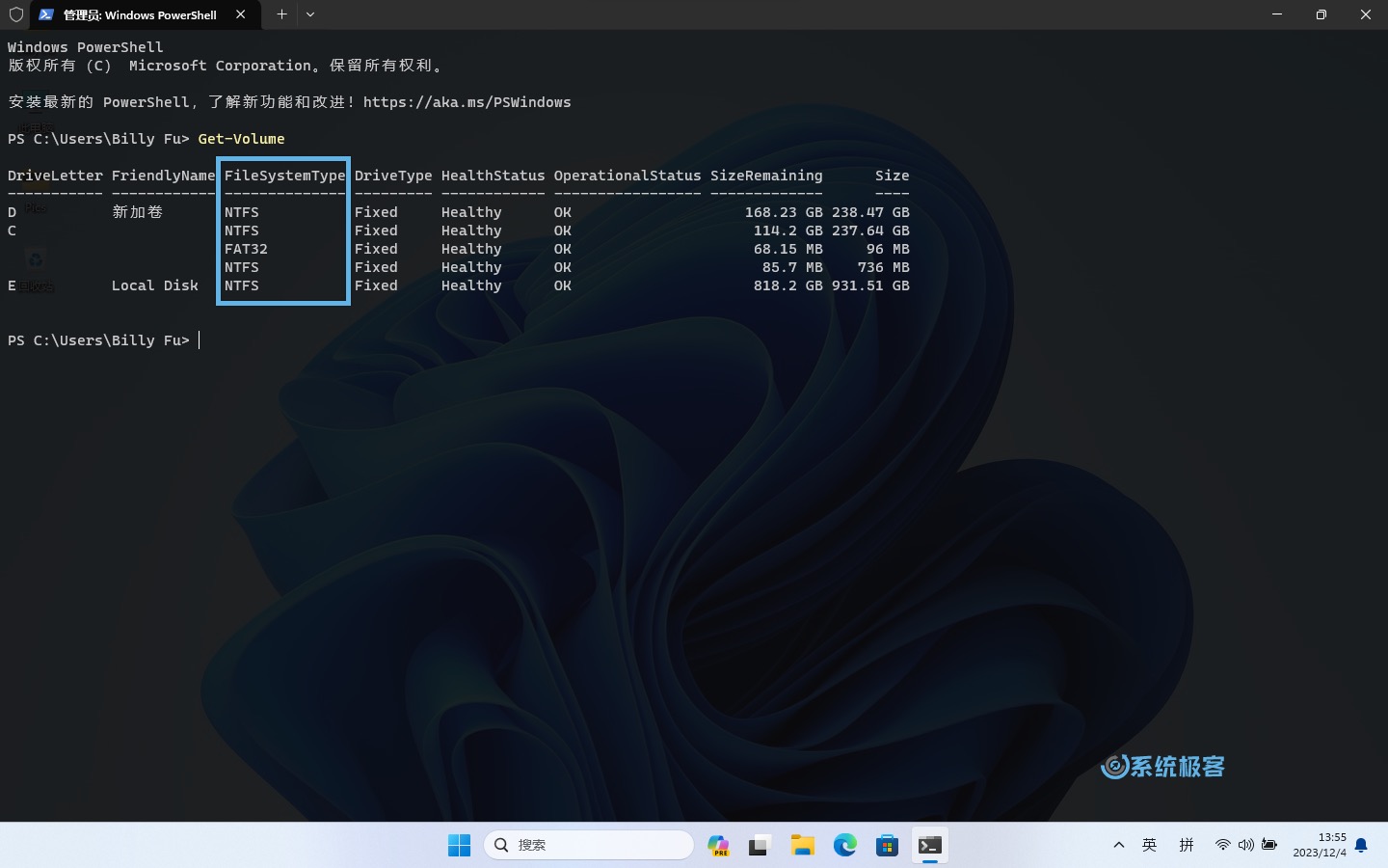 使用 Windows Powershell 查看文件系统类型