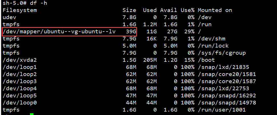 Ubuntu给/dev/mapper/ubuntu–vg-ubuntu–lv增加磁盘空间