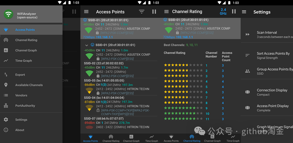 开源大的 WiFi 分析工具，支持识别周围的 WiFi、测量信号强度和查看频道拥挤程度等功能。